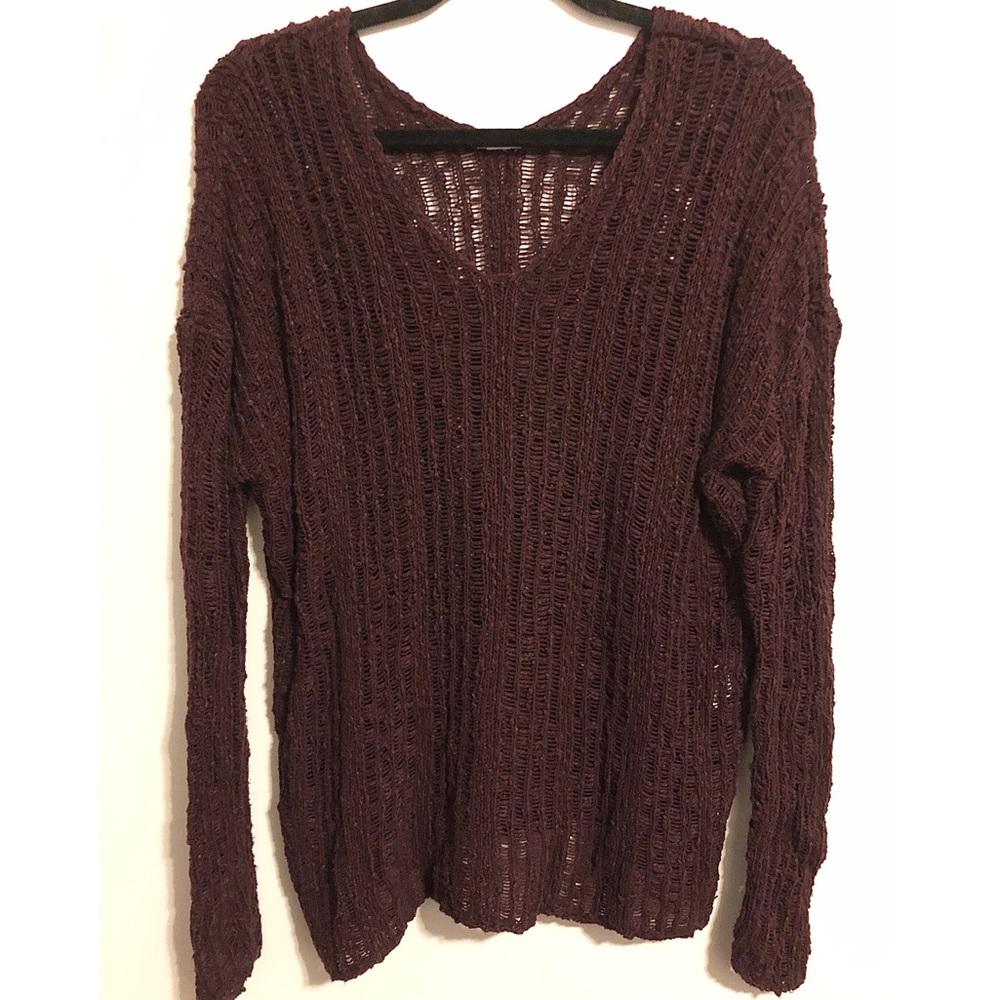 Garage V-Neck Open Knit Sweater in Burgundy